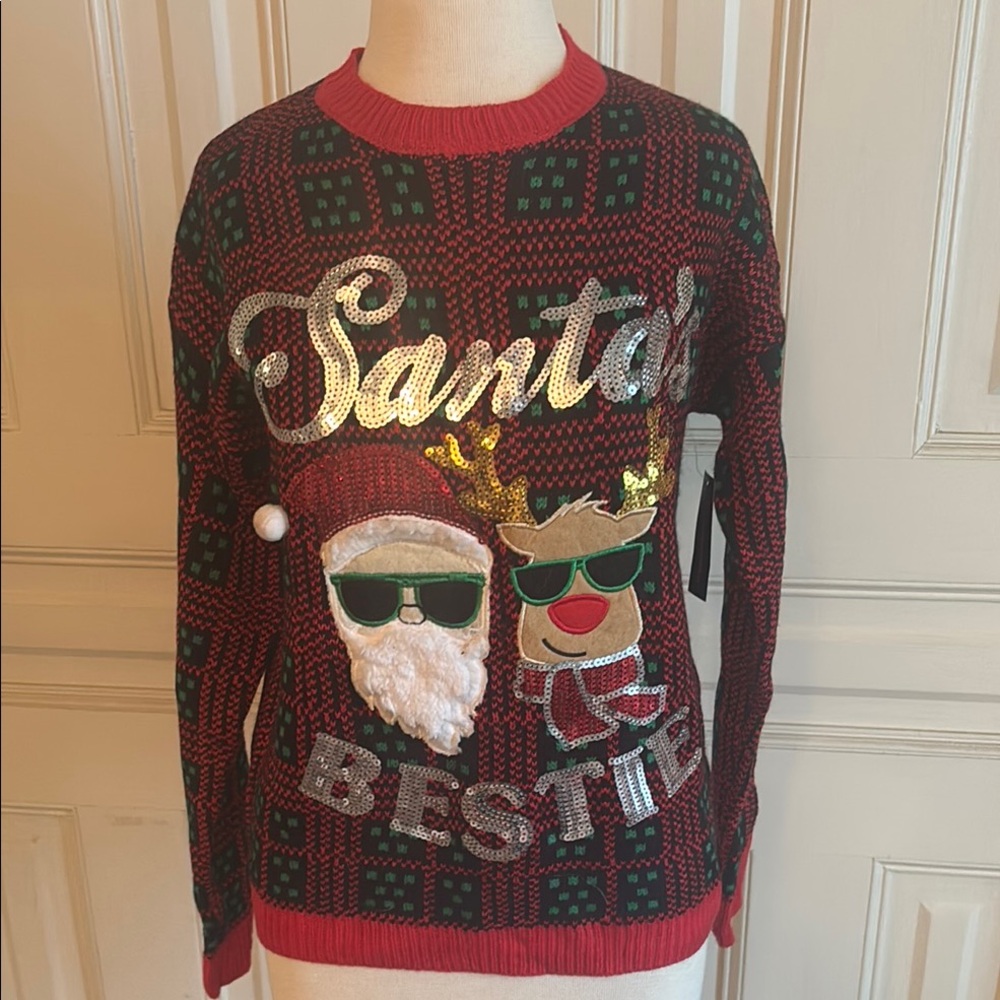 No Boundaries Red and Black Festive Sweater with Santa Design